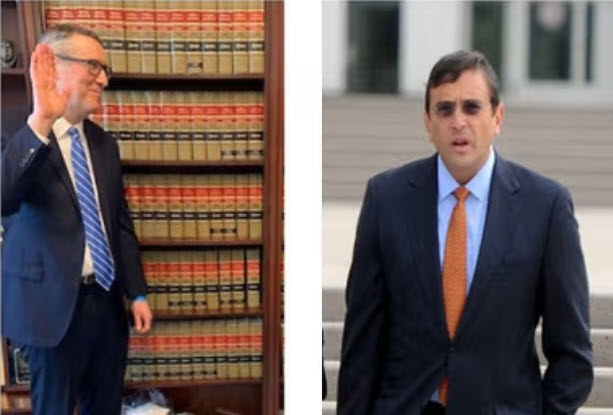 On left, in 2021 Mark J. Lesko being sworn in as Acting United States Attorney for the Eastern District of New York and on right, in 2011 Anthony LaPinta leaves with his client Harendra Singh from federal court in Central Islip. Credit: US Attorney EDNY/James Carbone